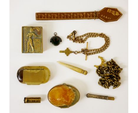A collection to items to include: a brass Albert fob chain (missing fob); a brass match box holder with image of Mayan youth 