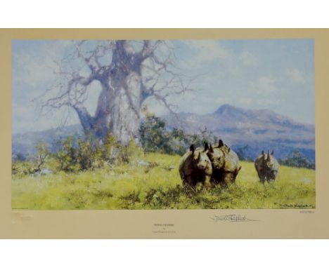 David Shepherd  - Rhino Reverie, limited edition print numbered 632/850, signed in pencil, image 22.5cm x 40cm, framed