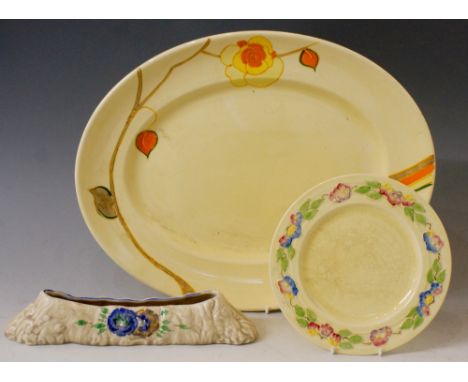 Clarice Cliff - a `Yellow Rose` pattern oval platter, hand painted yellow and orange flower attached to trailing vine, the ba