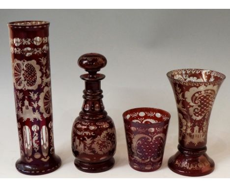 A collection of 19th Century Bohemian ruby flashed glass to include - a cylindrical vase with spreading circular base the bod