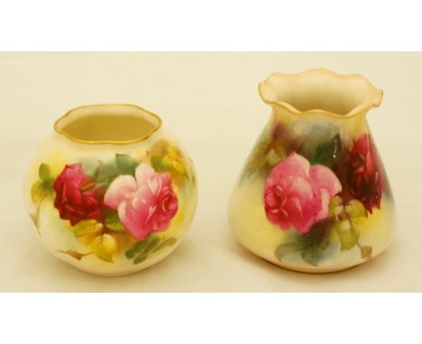 A Royal Worcester spirally fluted globular shaped vase the body painted with pale and dark pink roses by Spilsbury, 6.5cm hig