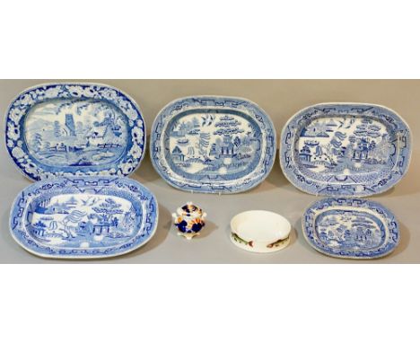 Five Victorian and later blue and white meat dishes, willow and other patterns, 42cm wide and smaller; a Victorian pottery sa