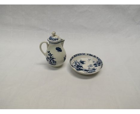 An 18th Century Lowestoft blue and white saucer, Longbridge and House pattern and a Worcester sparrow beak jug with cover, fl