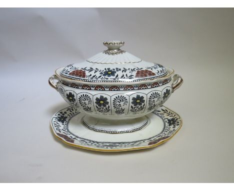 A late 19th Century Wedgwood soup tureen with cover and stand, transfer print floral design with hand gilt embellishment 