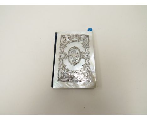 A 19th Century mother of pearl card case, with engraved and scrollwork panel front, pink silk lining 