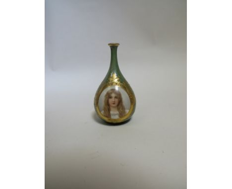 A late 19th Century Vienna handpainted vase with female portrait, gilt embellishment, 14cm tall