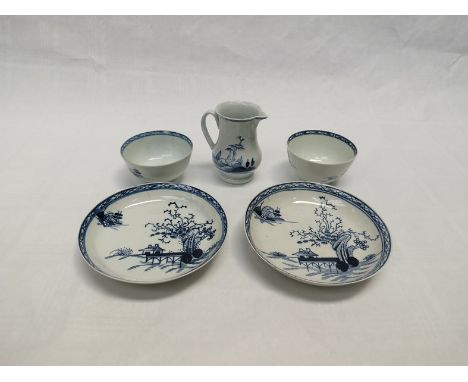 A selection of 18th Century blue and white ceramics including Liverpool tea bowls and saucers and a sparrow beak jug (hairlin