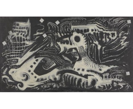 Millie Frood, Scottish 1900–1988- Black and white abstract, 1977; oil on canvas with mirror, signed and dated on the reverse 