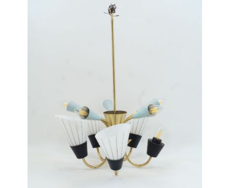 An Italian ten light brass chandelier, c.1950, with four glass shades and five egg shell enamelled shades,  64cm high chair (