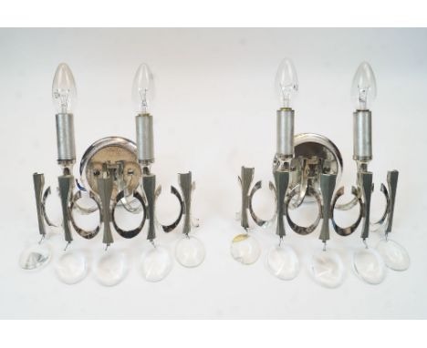 Gaetano Sciolari, a pair of white metal wall appliques, c. 1970s, with two light fittings, moulded glass drops, each 25cm hig