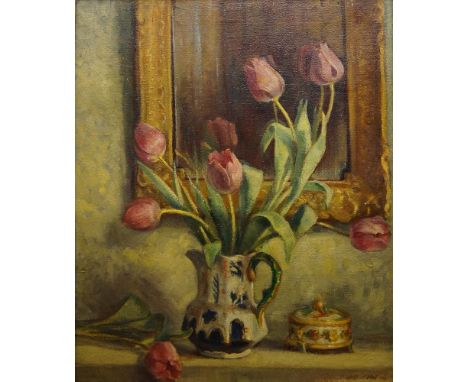 Faith Kenworthy-Browne, British 1882-1973- Flowers before a mirror; oil on canvas, signed with initials and dated '1947' (low