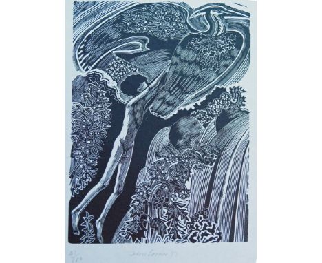 John Scorror O'Connor, British 1913-2004- The Boy and Heron, 1977; woodcut on wove, signed, dated and numbered 43/100 in penc
