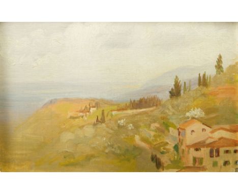 British School, early/mid 20th century- View of a landscape with cypresses; oil on canvas, bears inscribed label for C.D. Soa