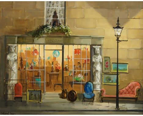 Deborah Jones, British 1921-2012- J. Meadows, Antiques; oil on board, signed 'Deborah Jones' (lower left), 31 x 38.2 cm. (ARR