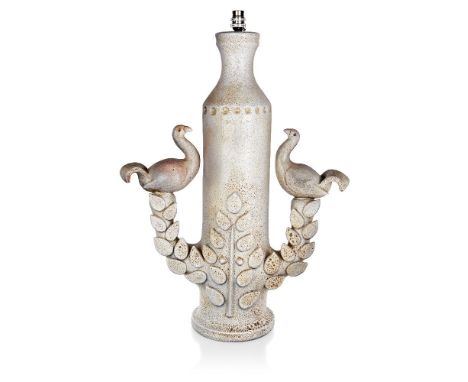 Andre Marchal, Twin birds on branches Vallauris lamp, circa 1950s, Earthenware with lava glaze, Inscribed signature 'MARCHAL'
