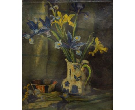 Faith Kenworthy-Browne, British 1882-1973- Daffodils and Irises in a blue and white jug; oil on canvas, signed with initials 