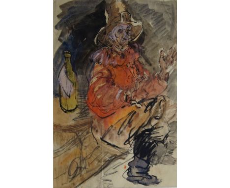 William D. Clyne, Scottish 1922–1981- Study of a seated man with a hat and a ruff; pen, black ink, watercolour, and gouache o