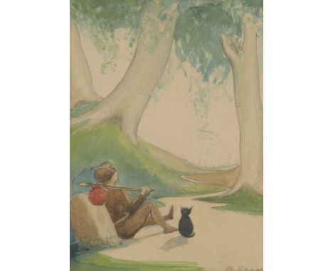 Millie Frood, Scottish 1900–1988- Dick Whittington early work; watercolour on paper, signed lower right 'M. Frood', 24 x 17.6
