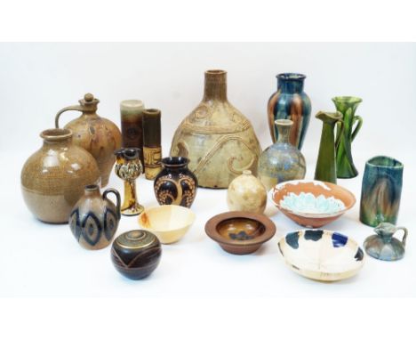 Studio Pottery, a collection of various vases, jugs and bowls to include: a large coil built lamp base, 26cm diameter; a Leon