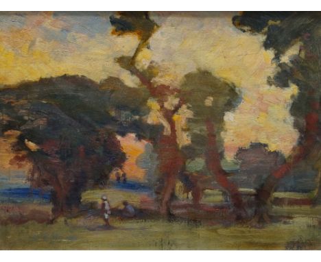 Faith Kenworthy-Browne, British 1882-1973- View in India, 1926-1929; oil on board, signed with initials (lower right), 21.5 x