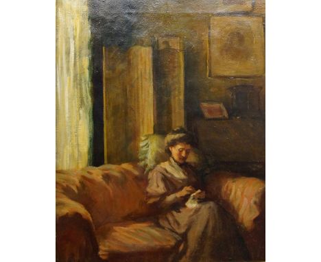 Faith Kenworthy-Browne, British 1882-1973- Portrait of a lady seated full-length in an interior; oil on canvas, signed with i
