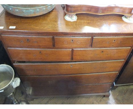 A substantial 19th Century oak chest of three short, two medium and three long drawers on bracket feet (requires handles)