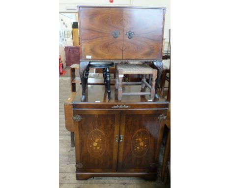 An inlaid TV cabinet, one other, three stools, two small tables and a modern Inca style metal plant stand