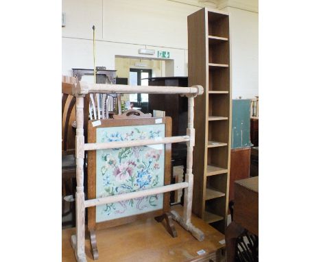 A narrow multi shelf CD unit, an upholstered footstool, two swing toilet mirrors, a woolwork firescreen and pine towel rail
