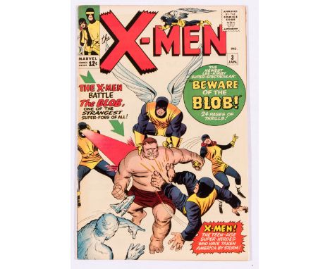 X-Men 3 (1964). Good cover gloss, half-inch cover tear by lower staple, half-inch interior page tear by centrefold. Cream/lig