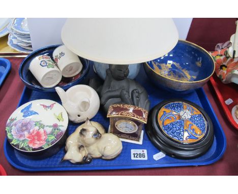 Old Tupton Lidded Powder Jar, 11.5cm diameter, Carlton Chinese garden lustre bowl, Doulton 'Tennyson' clock, Suzie Marsh cat 