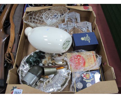 'The Mecca' Hot Water Bottle, egg coddler, glassware, coinage, hip flask, model animals, Mandal silver tot, etc:- One Box.