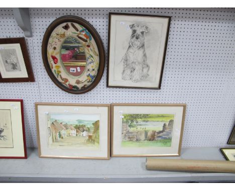  An Oval Wall Mirror, having tapestry frame, 45cm high, two watercolours, Polly Pickering print. (4).
