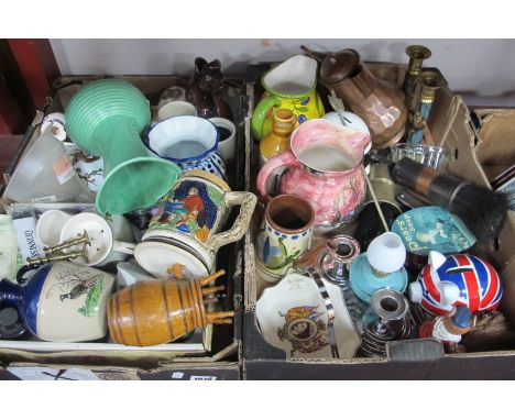 Copper &amp; Ceramic Jugs, brass candlesticks, piggy bank, etc:- Two Boxes.