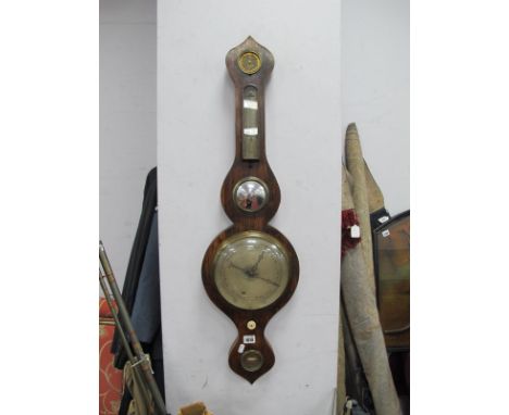 A XIX Century Rosewood Wall Barometer, with onion top, thermometer, damp/dry, Butlers mirror, level and main dial, 96cm high.