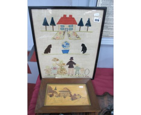 Sampler, Julie Ferguson Jowett, Aged 10 1939, featuring figures, house and animals, 42.5 x 34cm. Charles Spindler marquetry p
