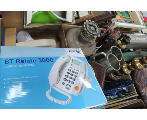A Brass Oil Lamp, Stromberg-Carlson Telephone, candles, lamps, barometer, etc:- One Box.