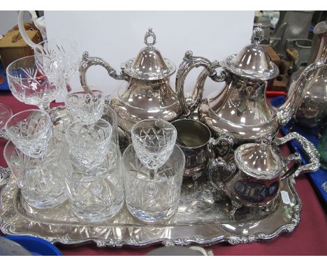 Oneida Four Piece Plated Tea Service, and matching two handled rectangular tray; Stuart and other cut glassware.