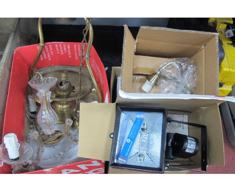Brass Hanging Ceiling Light, connected to electricity, three branch ceiling light, maxi floodlight, etc:- Two Boxes.