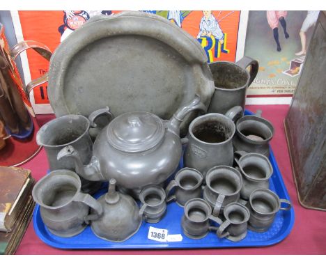 Pewter Measures, tankards, plate, 18th noted, teapot.