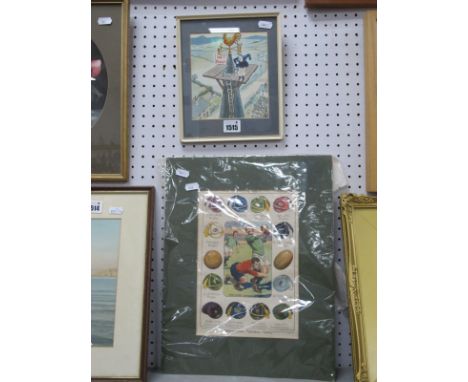 Mallet Cartoon Watercolour, signed of a man painting a weather vein on top a a church, signed bottom right 15.5 x 14cm, toget