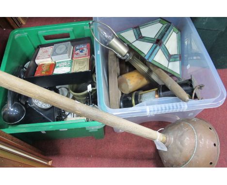 Household - various items including stained glass type shade and table lamp, over painted miners lamp, etc:- Two Boxes.
