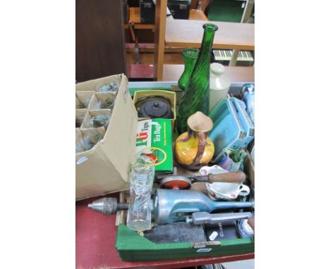 Stanley Drill. chest drill, Island studio glass vase, coinage, marbles, teapot, ashtrays, etc:- One Box, glass tumblers.
