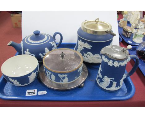 Adams Blue Jasperware Teapot, biscuit jar, hot water jug, bowl, and circular bowl with plated base and lid.