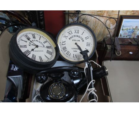 Two Ornamental Wall Clocks, telephones, angle poise lamp:- One Box.