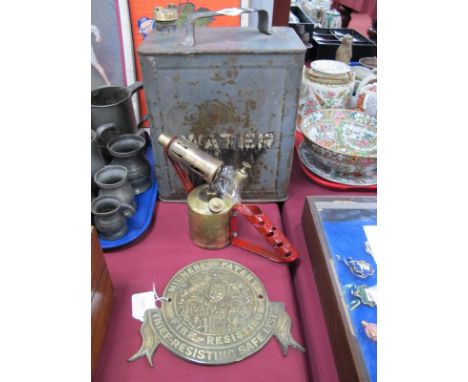 Military Petrol Can Bearing Arrow WD 1955 to Top, 25cm wide, Monitor brass blow lamp and Milners safe plaque.
