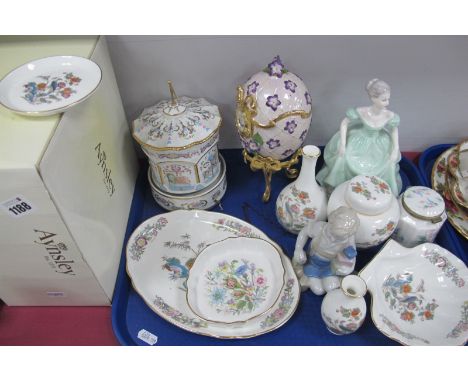 Aynsley, Wedgwood, Coalport 'Henrietta' Figurine, Princeton Gallery 1990 Carousel, clock in egg, on stand etc:- One Tray. Ayn