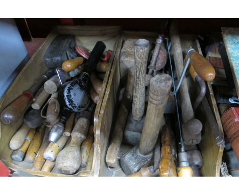 Chisels, Rapid and Stanley drills, hammers, other tools in two oak boxes.