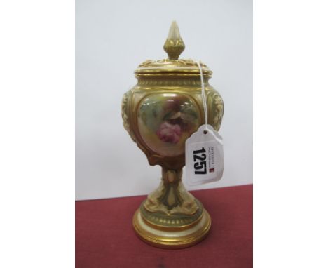 A Royal Worcester Pedestal Pot Pourri, with pierced lid, the bulbous bowl with three panels hand painted featuring roses, and