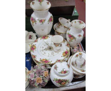 Royal Albert 'Old County Roses' Vases, clock, ginger jar, posies, trinkets and cake plate:- One Tray.