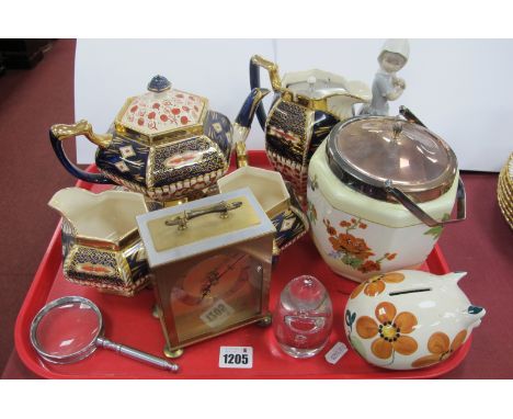 Imari Pottery Tea Service, Nao figurine, mantle clock, etc:- One Tray.